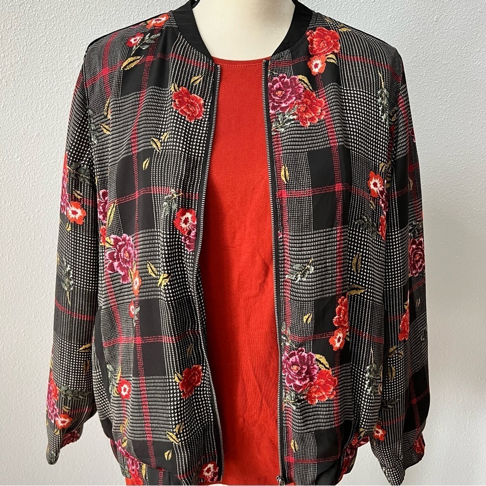 NWT Christopher & Banks Fall Bundle: Floral Plaid Bomber Jacket & Red Tee L